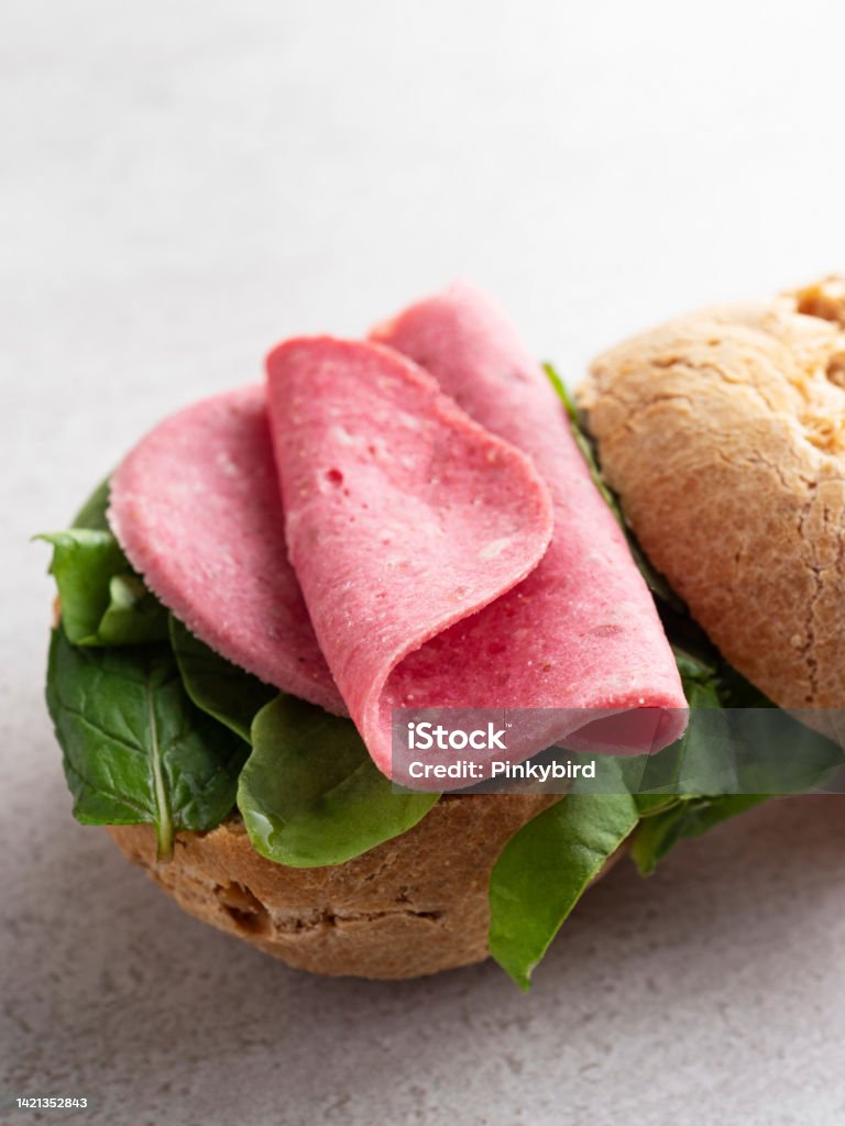 Sandwich, Gougeres, Choux sandwich with salami, Artisan Salami Sandwich, Salami sandwich Round Loaf, Bread, Choux pastry, salty, Food and drink, Appetizer, Savory Food, Salted, Breakfast, Bacon Ham Stock Photo