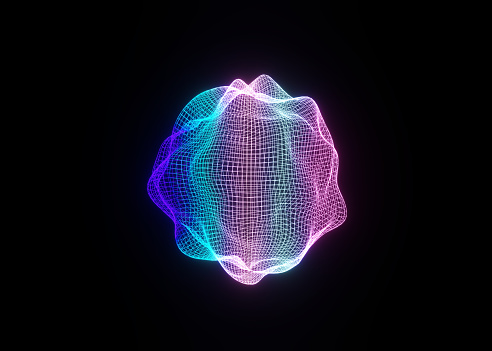 Abstract Deformed 3D Sphere. Bright Glowing Radial or Circular Digital Equalizer. 3D Illuminated Distorted Sphere of Glowing Particles and Lines. Visualization of Voice, Music Playback