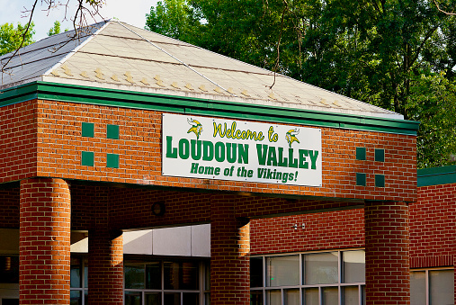 Purcellville, Virginia, USA - September 3, 2022: Main entrance to Loudoun Valley High School, one of the Loudoun County Public Schools in Northern Virginia.