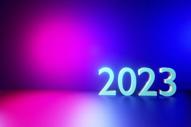 istock 2023 new year background, multi colored neon lighting background with 2023 number 1421358093