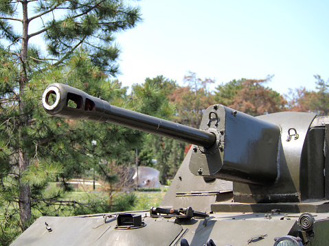 Fragment of a SU-76 self-propelled artillery installation, close-up.