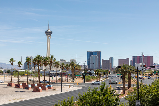 Las Vegas, USA - May 24, 2022: view to skyline of Las Vegas with stratosphere tower and the Strip in background.