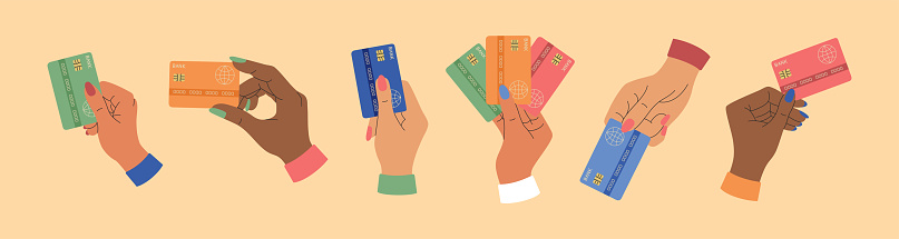 Set of different woman hands with credit cards. Virtual money concept. Cashless payment, digital transaction. Hand drawn vector illustration isolated on yellow background. Modern flat cartoon style.