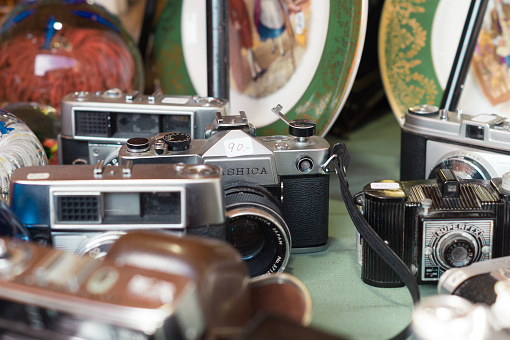 Barcelona, Catalonia, Spain; July 22th 2022: Old collector's cameras at a flea market. Second hand analogue cameras.