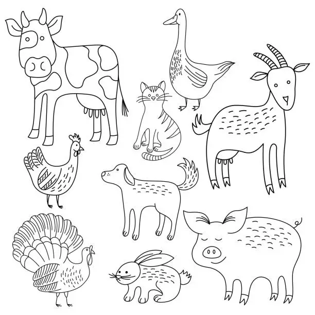 Vector illustration of Black white doodle farm animals. Outline vector illustration cartoon animals. Hand drawn cow, pig, rabbit, dog, geese, chicken, cat.