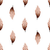 istock Watercolor brown feathers seamless pattern on white 1421368308