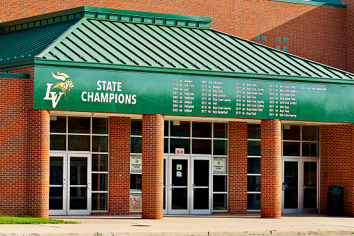 Purcellville, Virginia, USA - September 3, 2022: “State Champions” sign with Loudoun Valley High School sports team wins listed by year.