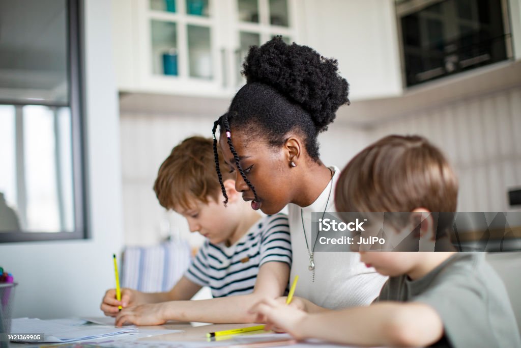 Boy Learning Lesson Two Elementary School Boys Having Lessons At Home With African Private ...
