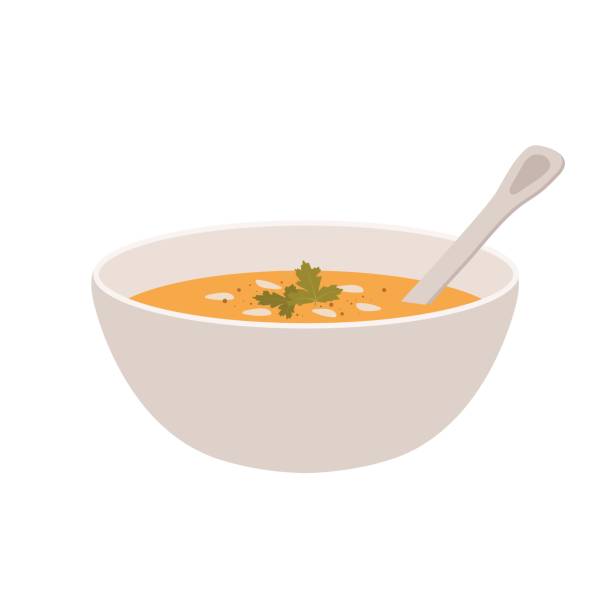 Pumpkin soup in a bowl isolated on white background. Traditional autumn Thanksgiving food vector illustration. Pumpkin soup in a bowl isolated on white background. Traditional autumn Thanksgiving food vector illustration. soup stock illustrations
