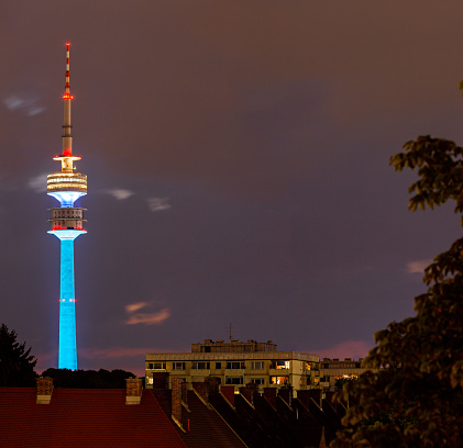 On July 30th 2022, the illuminated Olympia Turn in Olympia Park in Munich