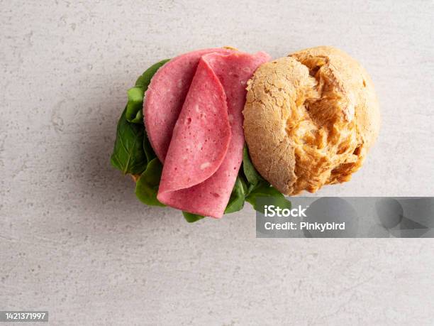 Sandwich Gougeres Choux Sandwich With Salami Artisan Salami Sandwich Salami Sandwich Stock Photo - Download Image Now