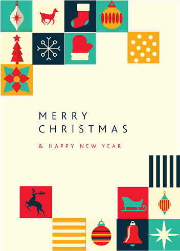 Vector illustration of a Merry Christmas greeting message. Elements with with geometric simplicity and bright colors. Includes flat colorful ornaments and trees silhouette mosaic. Fully editable and easy to customize. Download includes eps 10 and high resolution jpg.