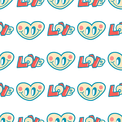 Vector pattern of love in the style of the 70s, groovy hearts, graffiti inscription Love, Valentine's Day.Illustration for postcards, posters, fabrics, print on clothes.
