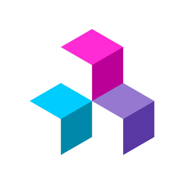 Colorful cubic logo template with three elements. 3d box template. Isometric projection. Square block parts make a whole. Visual effect. Electronics industry. App icon. Vector illustration, clip art. square cropped stock illustrations