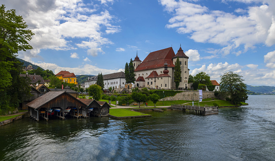 Traunkirchen, Austria, July 8, 2022: View of the Church Maria Krönung (German: Kirche Maria Krönung) in this village on the shore of Traunsee Lake in Upper Austria.