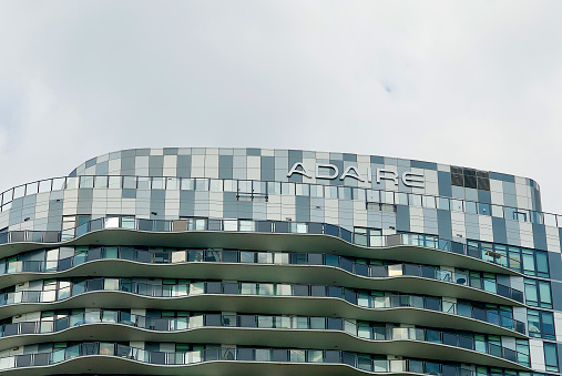 Tysons Corner, Virginia, USA - September 3, 2022: View of the top section of the “Adaire” building, a luxury apartment building in the heart of Tysons Corner’s business district.