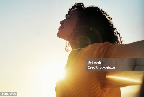 Freedom Flare And Sky With A Woman Outdoor At Sunset During Summer To Relax With Fresh Air And Sunshine Happy Carefree And Mockup With A Young Female Feeling Relaxed Outside In The Morning Stock Photo - Download Image Now