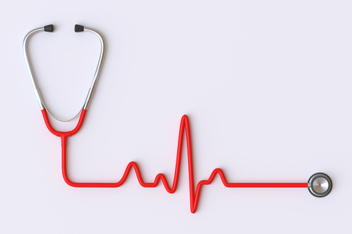 Stethoscope forming a heartbeat line or electrocardiogram pulse isolated on a white background. 3d rendering illustration