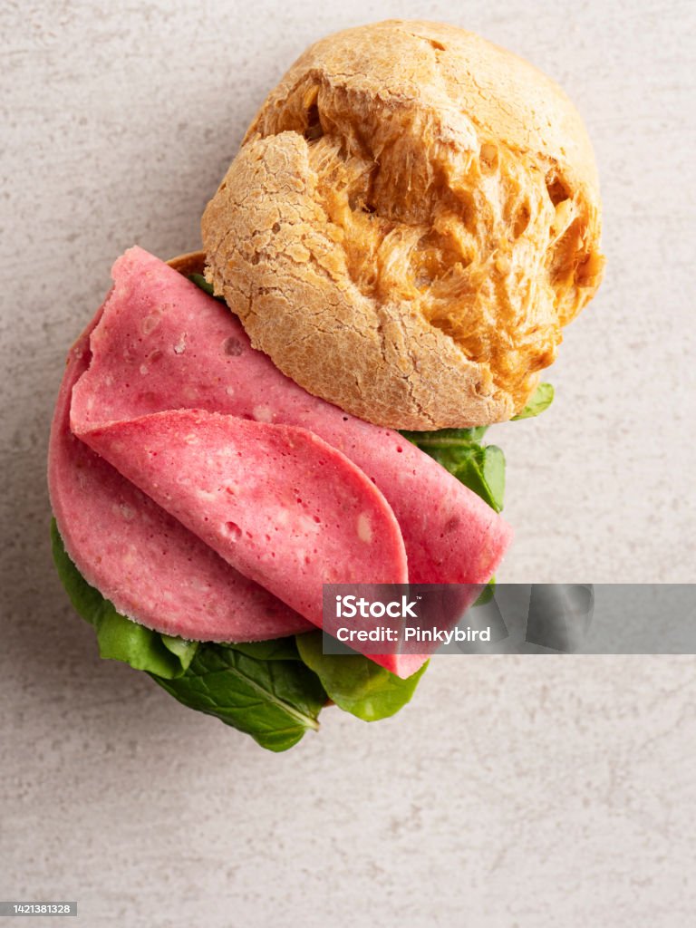 Salami sandwich, Gougeres, Choux sandwich with salami, Artisan Salami Sandwich, Sandwich Round Loaf, Bread, Choux pastry, salty, Food and drink, Appetizer, Savory Food, Salted, Breakfast, Bacon Breakfast Stock Photo