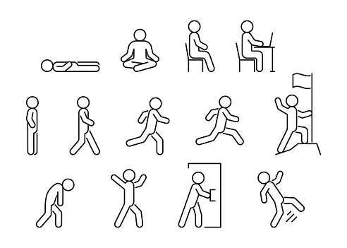 People line icon in different posture, human various action poses. Lie, stand, sit, walk, run, fall. Vector outline