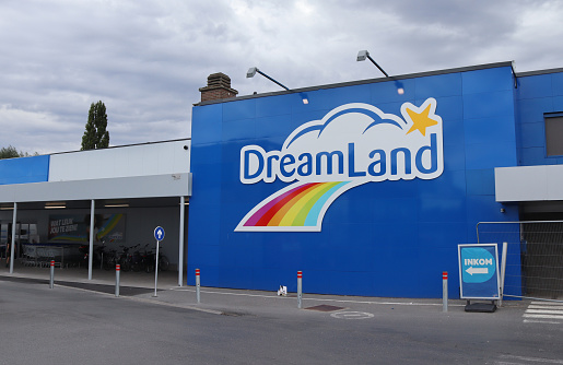 Lede, Belgium, 6 September 2022: Exterior view of a Dreamland store in Flanders. Dreamland is a chain of toy stores owned by the Colruyt Group and has 46 stores throughout Belgium. Illustrative editorial.