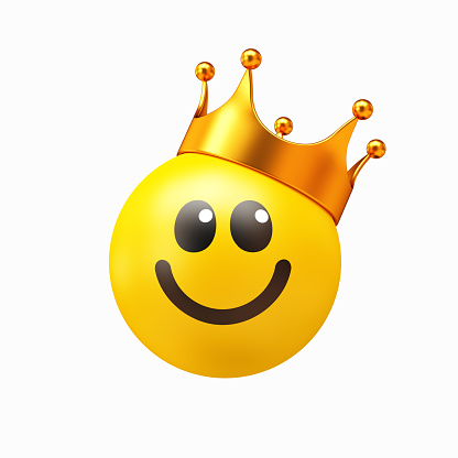 Smiley face with golden crown. Emoji icon isolated on the white background