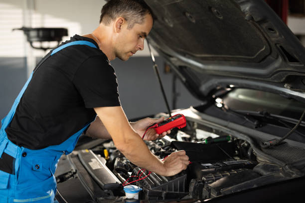 istock Professional car mechanic check battery voltage with electric multimeter. Automobile diagnosis. Car mechanic repairer looks for engine failure on diagnostics equipment in vehicle service workshop 1421387833