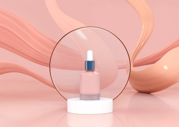 istock Blank cosmetics packaging for mock up. Liquid makeup foundation bottle with cosmetic cream splash. Cosmetic product template. Dropper for branding on podium or pedestal over wavy background. Blank label for branding. 3d rendering. 1421390504