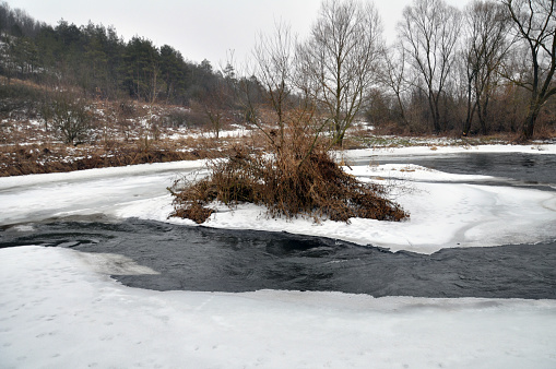 Spring thaw on a small river with dry grass on the shores and trees