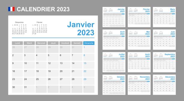 French calendar for 2023. Week starts on Monday. Simple vector template. Business design planner. French calendar for 2023. Week starts on Monday. Simple vector template. Business design planner. french language stock illustrations