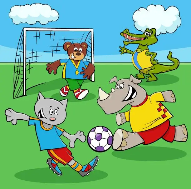 Vector illustration of cartoon animal soccer playing match on football field