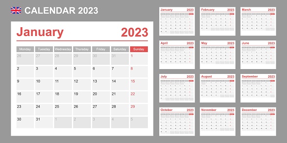 UK calendar for 2023. Week starts on Monday. Simple vector template. Business design planner.