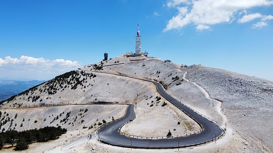 This is a photo from the Mont Ventoux a very famous mountain for cyclists. This photo contains blue and gray tones.