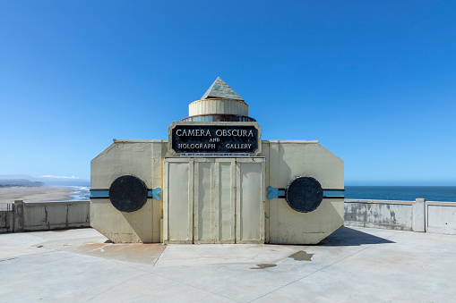 San Francisco, USA - June 6, 2022: Giant Camera Obscura overlooking the Pacific Ocean in San Francisco. Built as a tourist attraction in 1946, it is now on the National Register of Historic Places.
