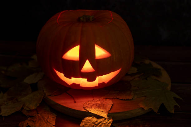 istock Halloween pumpkin head Jack lantern on dark background with dry leaves. Glowing faces trick or treat 1421403067