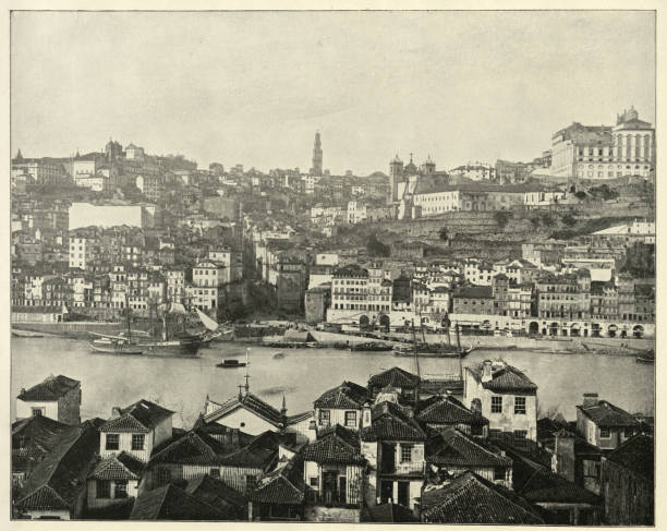 ilustrações de stock, clip art, desenhos animados e ícones de cityscape of oporto, porto, portugal, 1890s, victorian, 19th century vintage photograph - douro