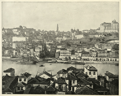 Vintage illustration after a photograph of Oporto, Portugal, 1890s, Victorian, 19th Century