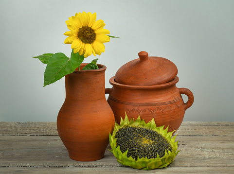 Still life with rustic pottery and blooming and ripe sunflowers