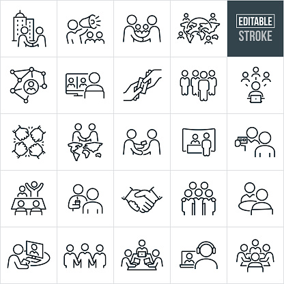 A set of business networking icons that include editable strokes or outlines using the EPS vector file. The icons include two business people shaking hands with corporate buildings in the background, business person using a bullhorn to be heard, two colleagues networking by shaking hands with colleagues in the background, business networking across continents, network of business people, businessman networking with other business people from the computer, hand giving a business card to another hand, businessman approaching a group of other business people to network with, business person using social media to network, hands doing a fist bump, two business people shaking hands from one part of the world to another, businessman handing a business leader a business card, business person networking at a career fair, person networking at a conference table with other business people, person networking with another person while out at an eating establishment, two hands shaking hands, person talking with another business person over a cup of coffee, business people with their arms around each others shoulders, business person taking notes from a business leader on the computer in a video conference, business people holding hands, business people seated at a table working on their laptops together, businessman in a video conference to network and a group of business people at a conference table networking with one another.