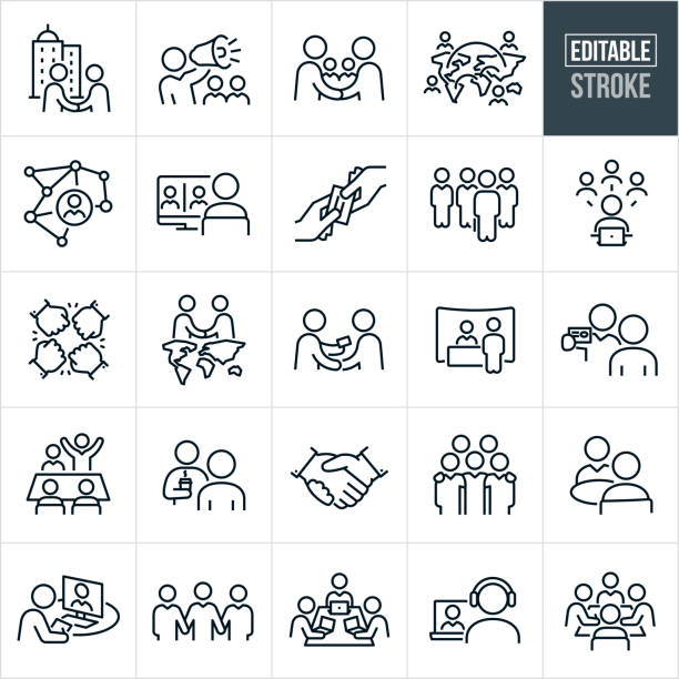 Business Networking Thin Line Icons - Editable Stroke A set of business networking icons that include editable strokes or outlines using the EPS vector file. The icons include two business people shaking hands with corporate buildings in the background, business person using a bullhorn to be heard, two colleagues networking by shaking hands with colleagues in the background, business networking across continents, network of business people, businessman networking with other business people from the computer, hand giving a business card to another hand, businessman approaching a group of other business people to network with, business person using social media to network, hands doing a fist bump, two business people shaking hands from one part of the world to another, businessman handing a business leader a business card, business person networking at a career fair, person networking at a conference table with other business people, person networking with another person while out at an eating establishment, two hands shaking hands, person talking with another business person over a cup of coffee, business people with their arms around each others shoulders, business person taking notes from a business leader on the computer in a video conference, business people holding hands, business people seated at a table working on their laptops together, businessman in a video conference to network and a group of business people at a conference table networking with one another. visit stock illustrations