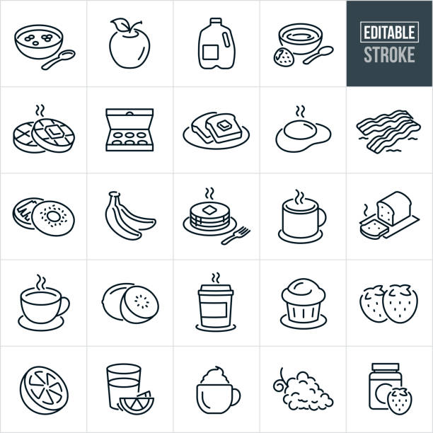 Breakfast Food Thin Line Icons - Editable Stroke A set of breakfast food icons that include editable strokes or outlines using the EPS vector file. The icons include a bowl of cereal in milk, apple, gallon of milk, bowl of strawberry yogurt, waffles, box of doughnuts, toast on plate, fried egg, fried bacon, bagel with cream cheese, bananas, stack of pancakes with syrup, mug with coffee, sliced baked bread, cup of tea, kiwi, coffee in disposable coffee cup, muffin, strawberries, orange, orange juice, cappuccino, grapes and strawberry jam. waffle vector stock illustrations