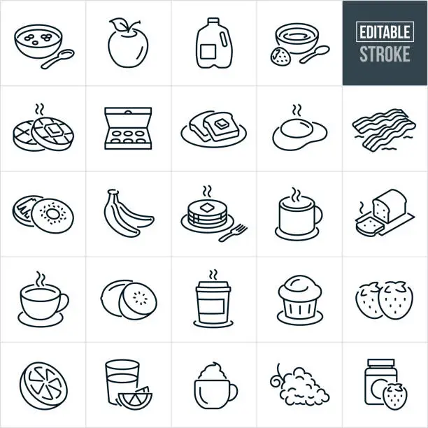 Vector illustration of Breakfast Food Thin Line Icons - Editable Stroke