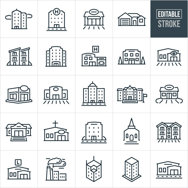 Structures Thin Line Icons - Editable Stroke A set of structures icons that include editable strokes or outlines using the EPS vector file. The icons include a high rise business building, hospital building, retail shop, house, apartment building, condominiums, condos, hospital with emergency drive-through, business building, pet hospital, restaurant, retail outlet, downtown business buildings, university building, gas station, courthouse, bank, church building, factory, skyscraper and city building to name a few. garage clipart stock illustrations