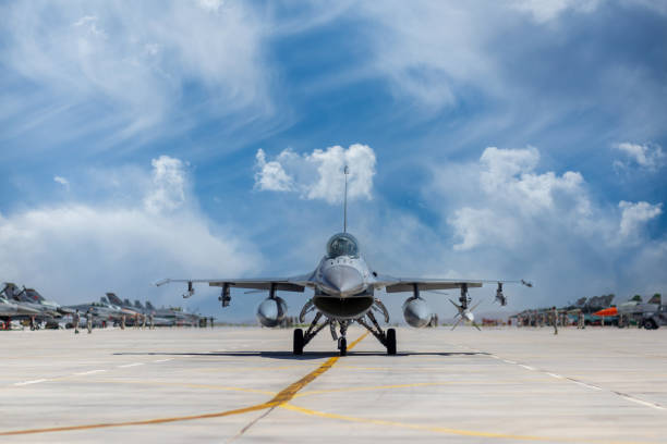 Dugny, France - June 20, 2025: Left-side view of a Hellenic Air Force F-16 Fighting Falcon, a multirole fighter jet manufactured by Lockheed Martin, taxiing at Paris-Le Bourget airport.
