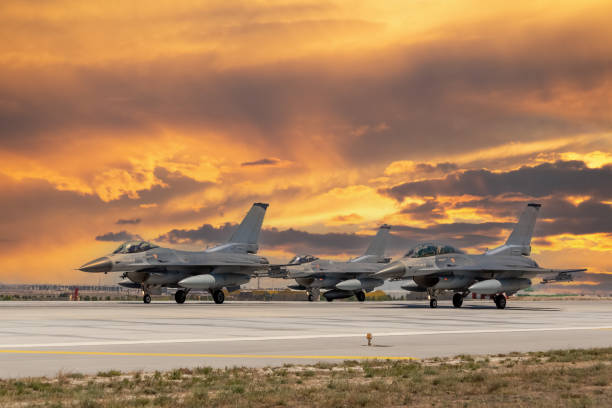 Sting of F16 Fighter parked in military hangar. fisheye photo.
