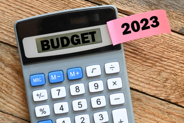 istock BUDGET 2023 text on the calculator screen. 1421416662