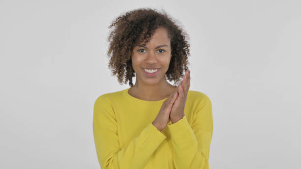 istock Young African Woman Clapping, Applauding on White Background 1421418800