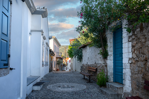 Streets of Galaxidi town in morning light. Greece