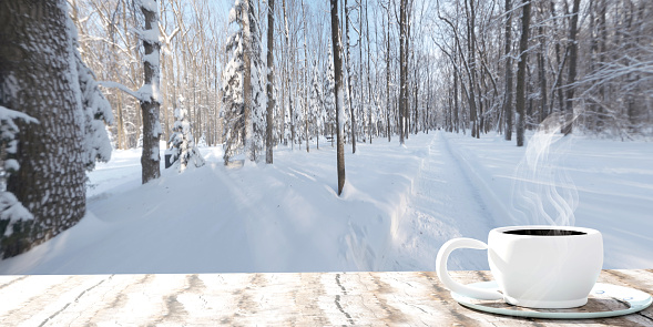 cup of fresh coffee on the edge of a window with a winter landscape. 3d render.