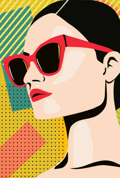 pop-art-porträt einer frau mit sonnenbrille - psychedelic funky yellow orange stock-grafiken, -clipart, -cartoons und -symbole